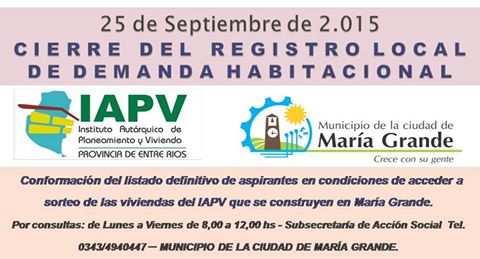 25 DE SEPTIEMBRE – CIERRE PROVISORIO DEL REGISTRO LOCAL DE DEMANDA HABITACIONAL.