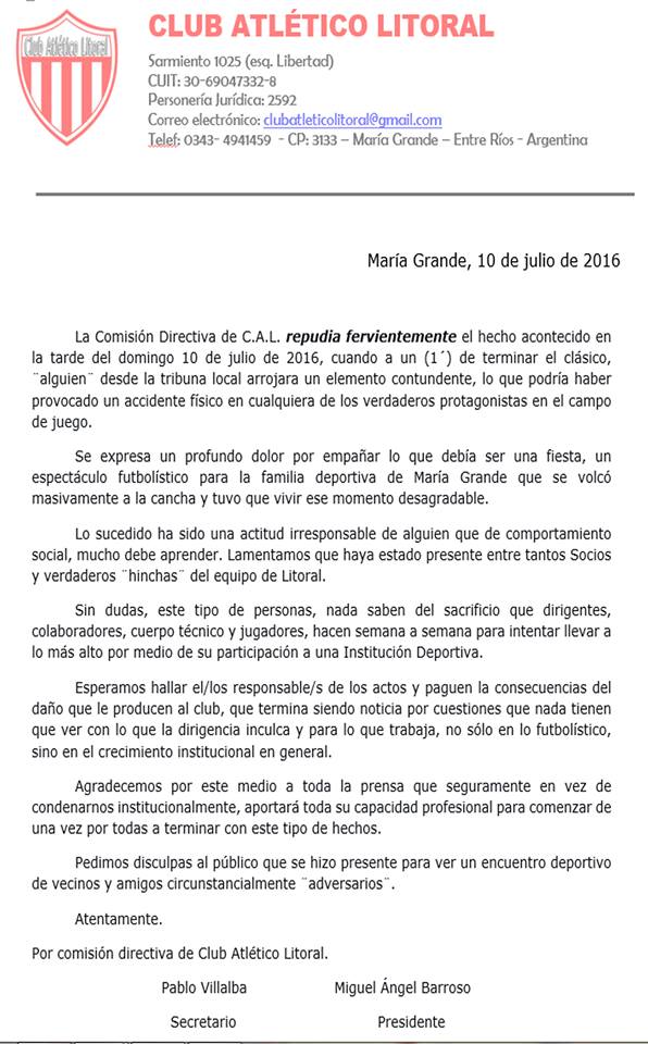 La Comisión Directiva de Litoral hizo público un Comunicado tras los incidentes del domingo