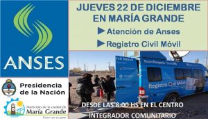 JUEVES 22 – ATENCIÓN DE ANSES Y REGISTRO CIVIL EN MARÍA GRANDE