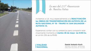 Se reactiva la obra de la autovia Ruta Nacional 18