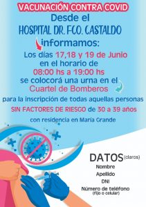 En María Grande y toda la provincia amplían la convocatoria de vacunación a personas de 30 a 39 años sin factores de riesgo