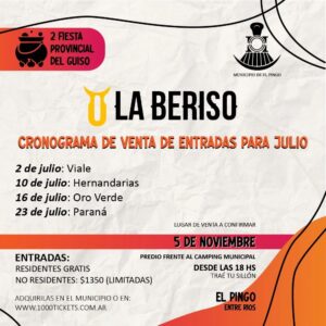 En el mes de Julio, El Pingo venderá entradas para la presentación de La Beriso en localidades de la zona